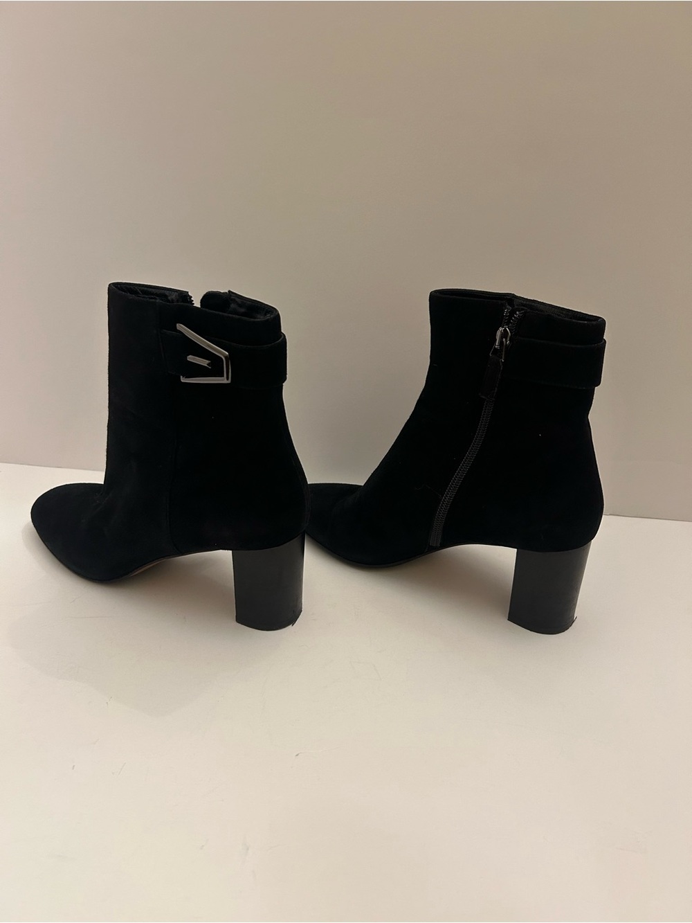Aquatalia Black Suede Ankle Booties with Buckle Detail
